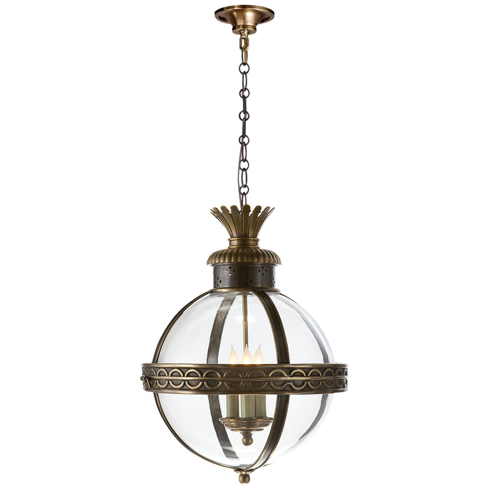 Crown Top Globe Three Light Lantern in Bronze with Antique Brass