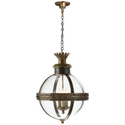 Crown Top Banded Globe 3-Light Lantern Pendant in Bronze with Antique Brass