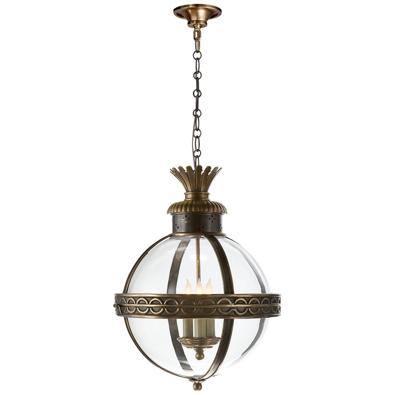 Crown Top Banded Globe 3-Light Lantern Pendant in Bronze with Antique Brass