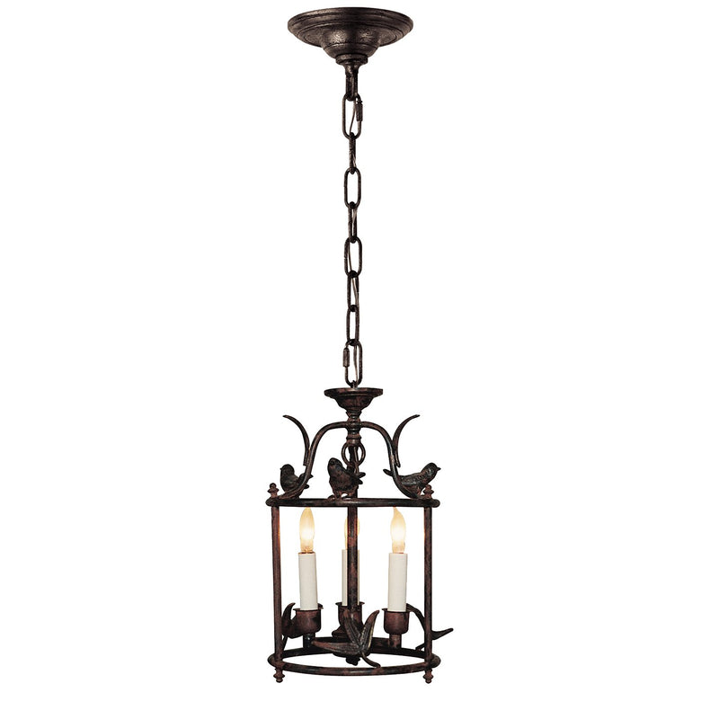 Diego Petite Perching Bird 3-Light Lantern Chandelier in Hand Painted Rust Finish