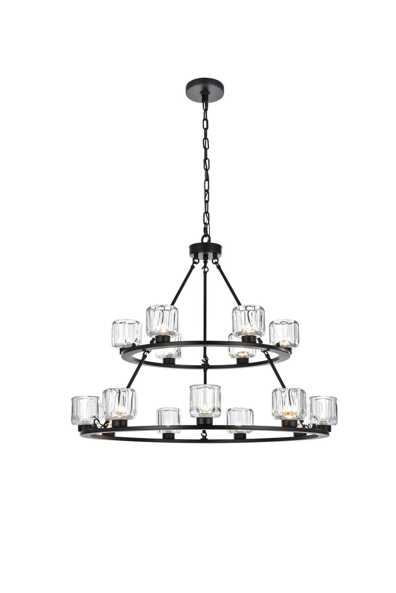 Cadence 36" 15-Light Two-Tier Chandelier in Black And Clear