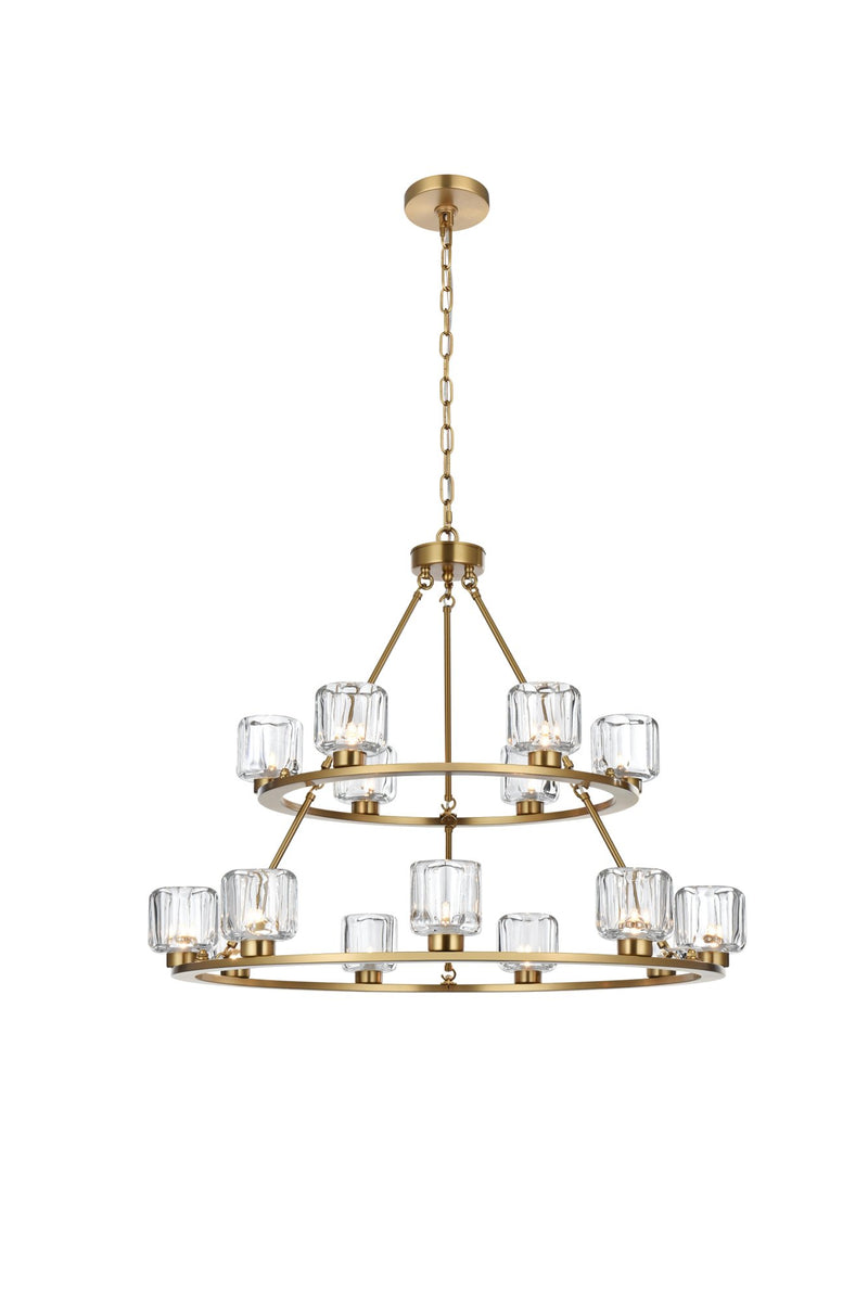 Cadence 36" 15-Light Two-Tier Chandelier in Satin Gold And Clear