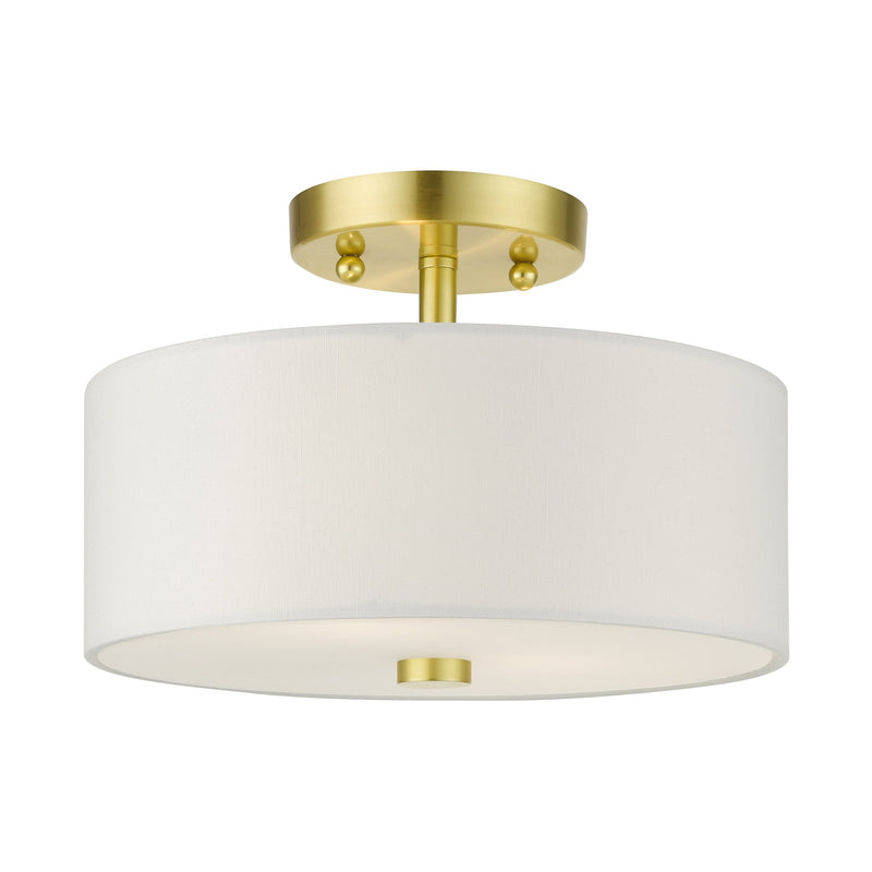 Meridian 2-Light 11" Off-White Shade Semi-Flush Mount in Satin Brass