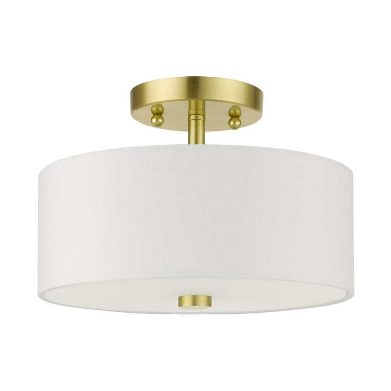 Meridian 2-Light 11" Off-White Shade Semi-Flush Mount in Satin Brass