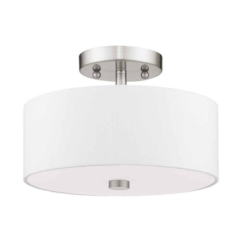 Meridian 2-Light 11" Off-White Shade Semi-Flush Mount in Brushed Nickel