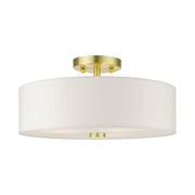 Meridian 3-Light 15" Off-White Shade Semi-Flush Mount in Satin Brass