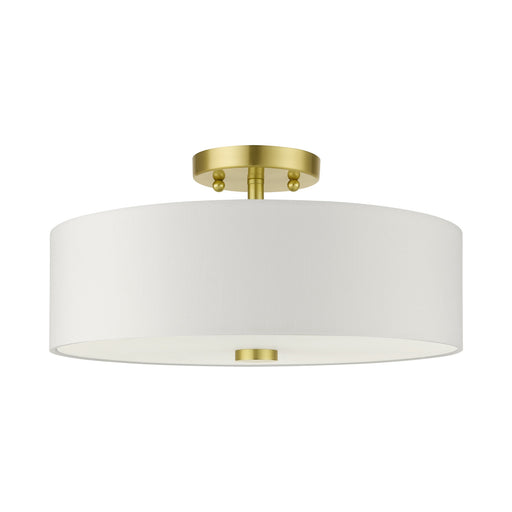 Meridian 3-Light 15" Off-White Shade Semi-Flush Mount in Satin Brass