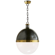 Hicks Extra Large 2-Light White Glass Pendant in Bronze with Antique Brass