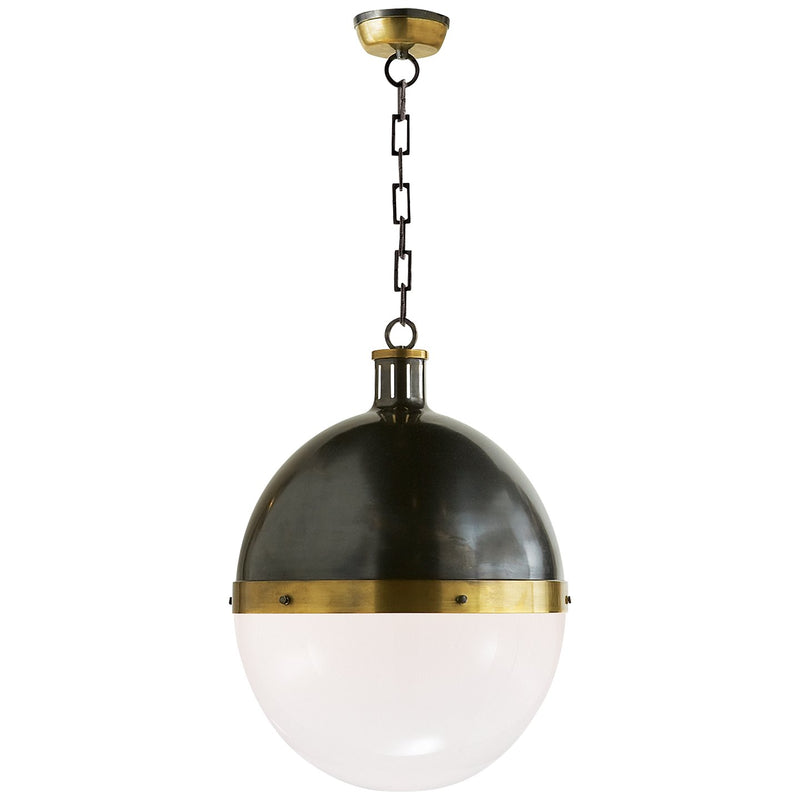 Hicks Extra Large 2-Light White Glass Pendant in Bronze with Antique Brass