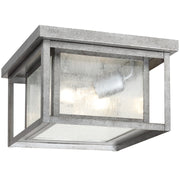 Hunnington 2-Light Clear Seeded Outdoor Flush Mount in Weathered Pewter