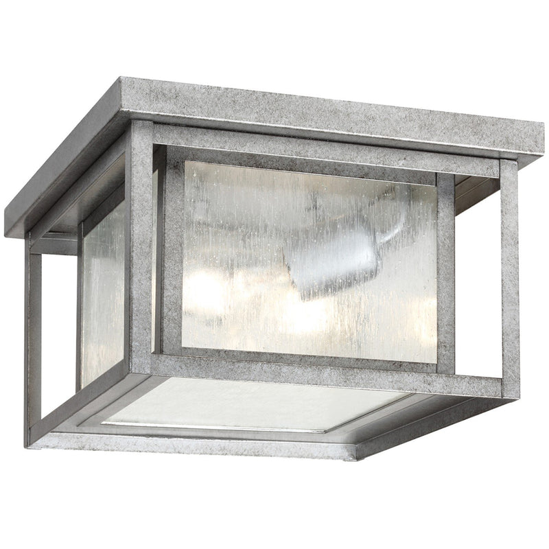 Hunnington 2-Light Clear Seeded Outdoor Flush Mount in Weathered Pewter