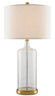 Hazel 1-Light Table Lamp in Clear Seeded Glass & Brass with Off-White Shade - Lamps Expo