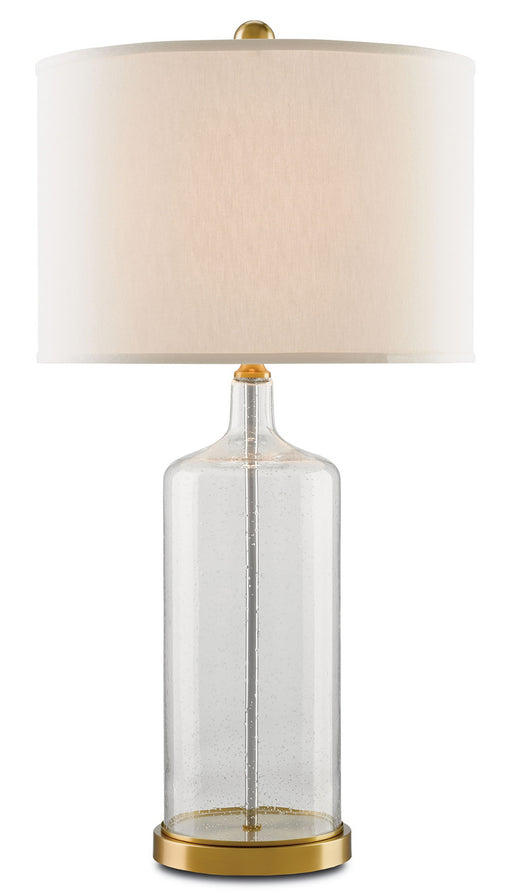 Hazel 1-Light Table Lamp in Clear Seeded Glass & Brass with Off-White Shade - Lamps Expo