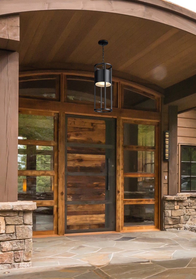 Luca 1 Light 9.25" Outdoor Chain Mount Ceiling Fixture in Black in a room setting