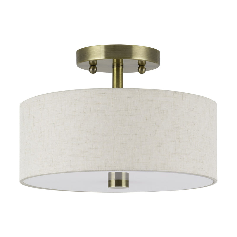 Meridian 2-Light 11" Oatmeal Shade Semi-Flush Mount in Antique Brass