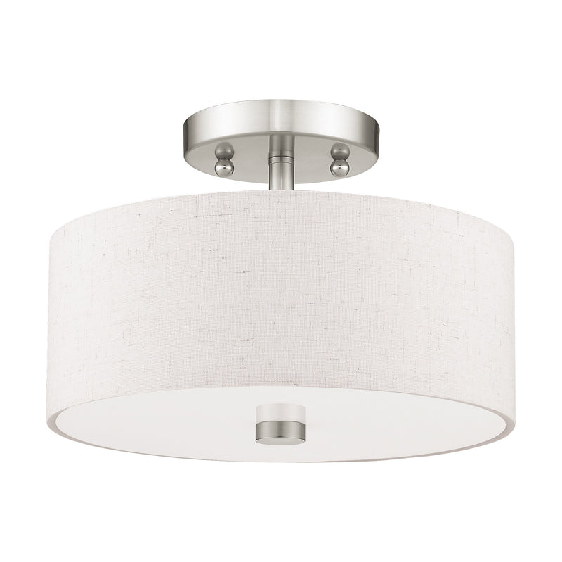 Meridian 2-Light 11" Oatmeal Shade Semi-Flush Mount in Brushed Nickel