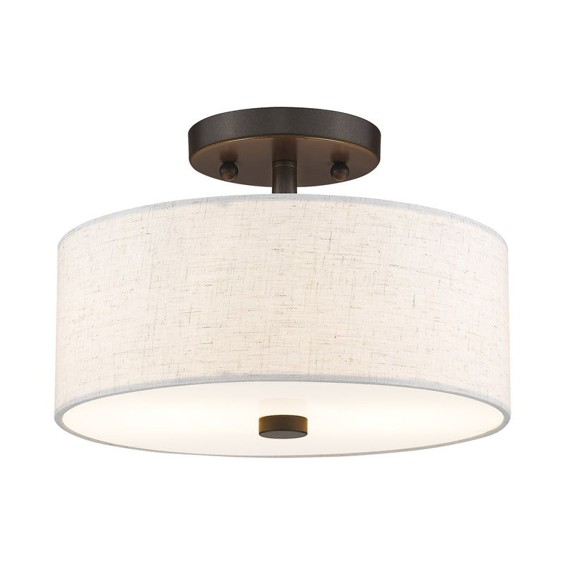 Meridian 2-Light 11" Oatmeal Shade Semi-Flush Mount in English Bronze