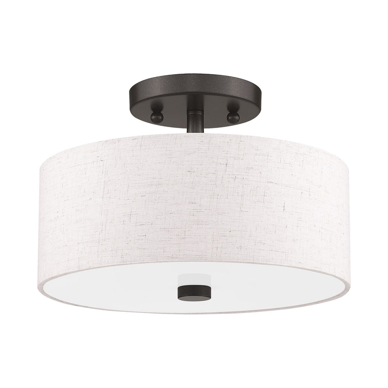 Meridian 2-Light 11" Oatmeal Shade Semi-Flush Mount in English Bronze
