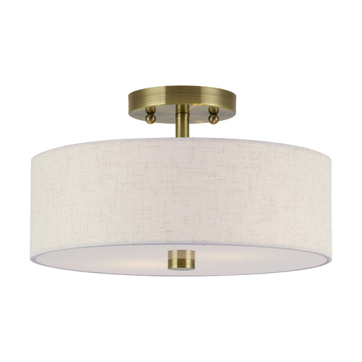 Meridian 2-Light 13" Oatmeal Shade Semi-Flush Mount in Antique Brass