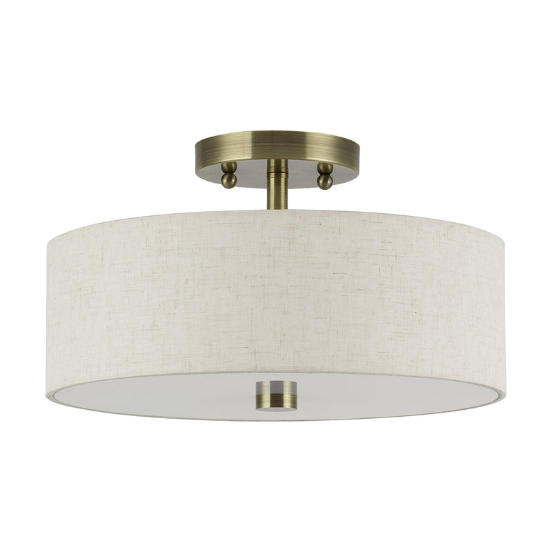 Meridian 2-Light 13" Oatmeal Shade Semi-Flush Mount in Antique Brass