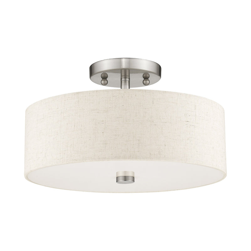 Meridian 2-Light 13" Oatmeal Shade Semi-Flush Mount in Brushed Nickel