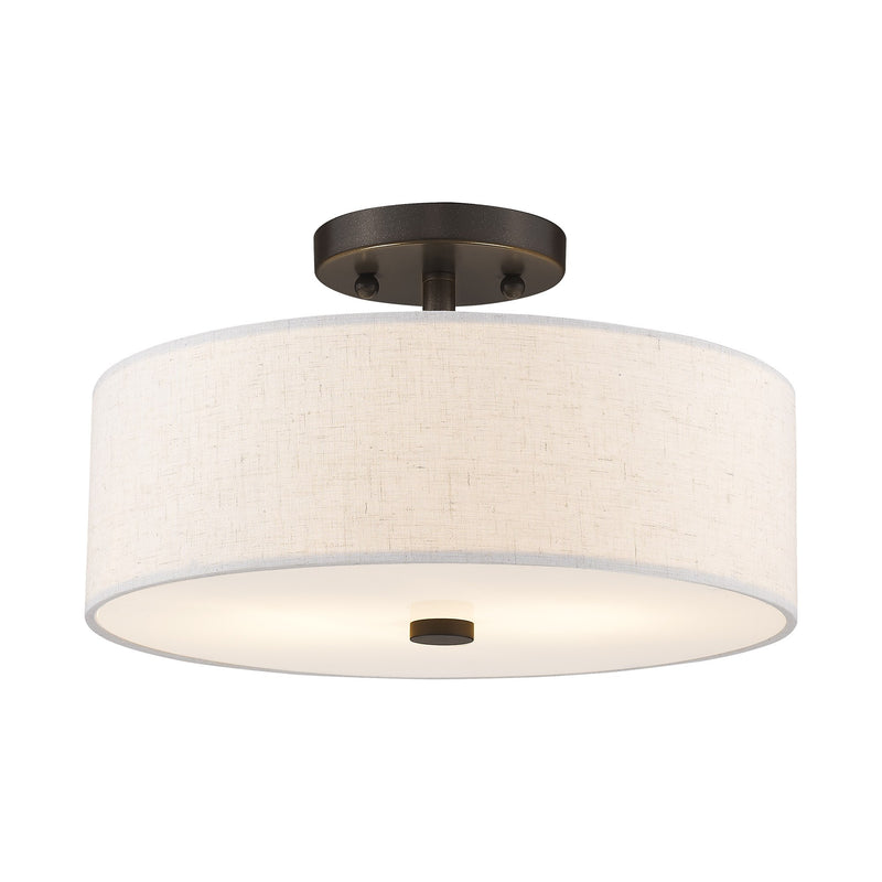 Meridian 2-Light 13" Oatmeal Shade Semi-Flush Mount in English Bronze