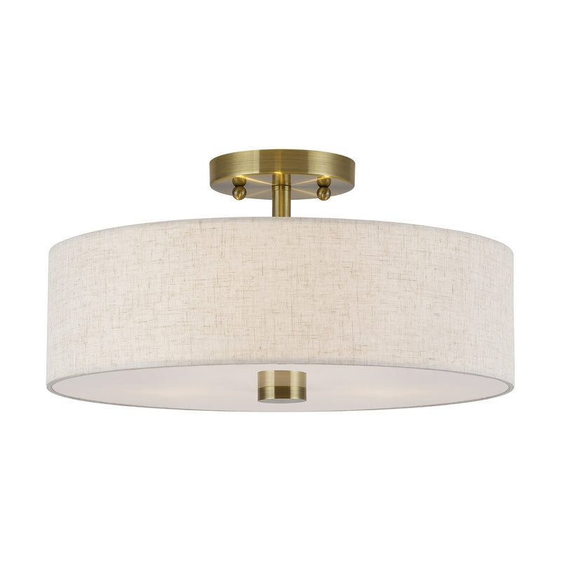 Meridian 3-Light 15" Oatmeal Shade Semi-Flush Mount in Antique Brass