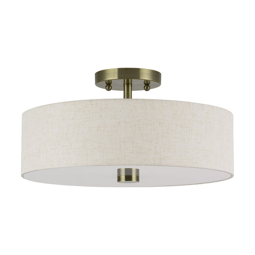 Meridian 3-Light 15" Oatmeal Shade Semi-Flush Mount in Antique Brass