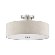 Meridian 3-Light 15" Oatmeal Shade Semi-Flush Mount in Brushed Nickel