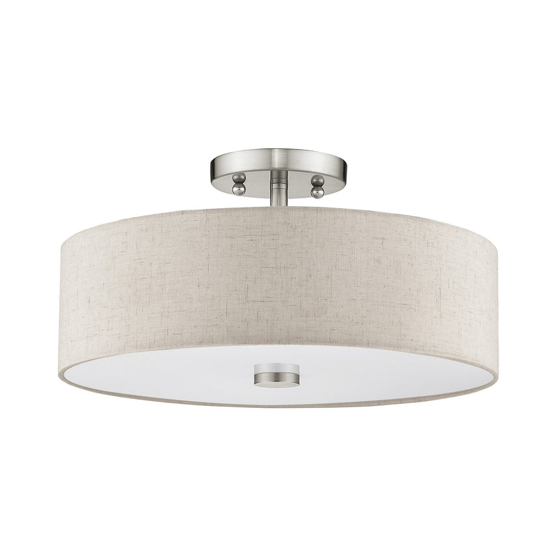 Meridian 3-Light 15" Oatmeal Shade Semi-Flush Mount in Brushed Nickel