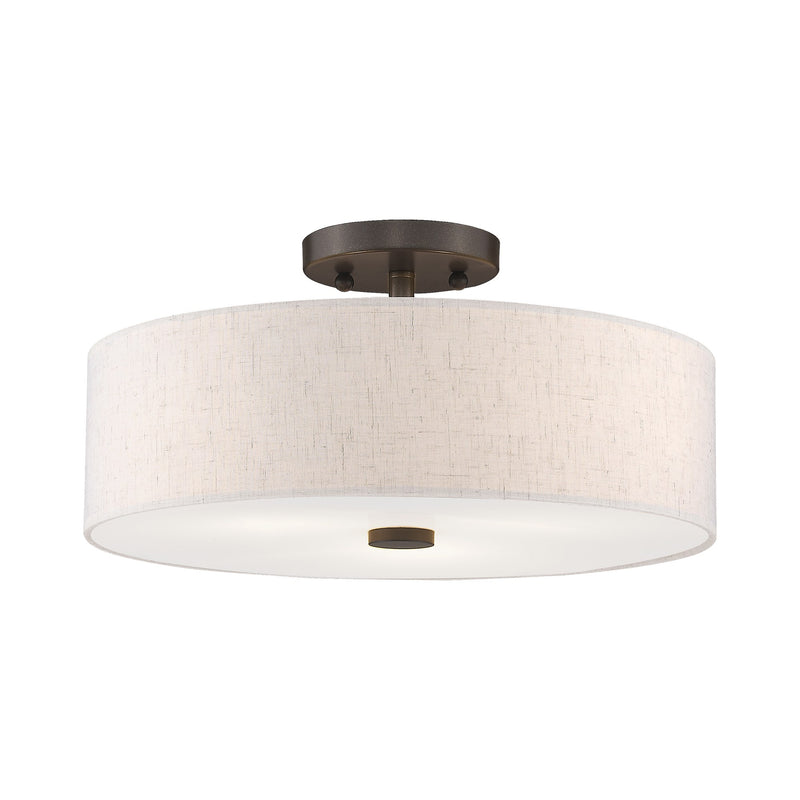 Meridian 3-Light 15" Oatmeal Shade Semi-Flush Mount in English Bronze