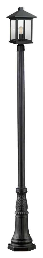 Portland 1 Light 9.5" Outdoor Post Mount Fixture, 18.5" Tall Lantern in Black, 96" Cast Post, 13" Base