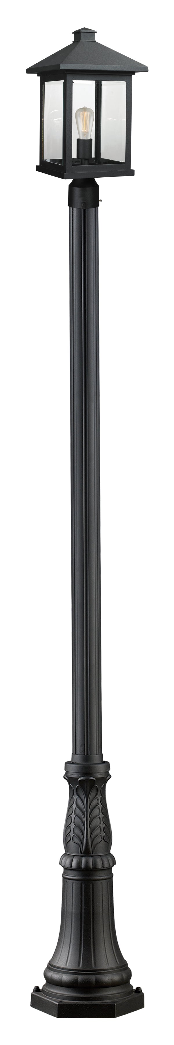 Portland 1 Light 9.5" Outdoor Post Mount Fixture, 18.5" Tall Lantern in Black, 96" Cast Post, 13" Base
