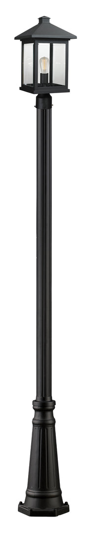 Portland 1 Light 9.5" Outdoor Post Mount Fixture, 18.5" Tall Lantern in Black, 96" Cast Post, 10" Base