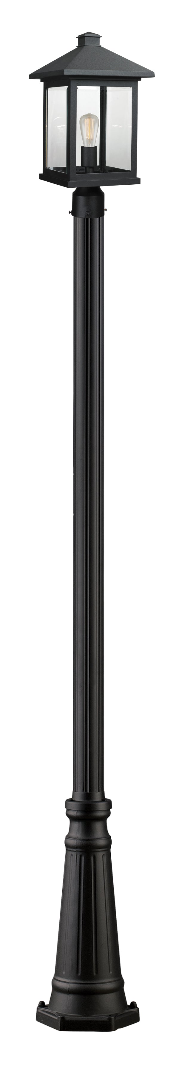 Portland 1 Light 9.5" Outdoor Post Mount Fixture, 18.5" Tall Lantern in Black, 96" Cast Post, 10" Base
