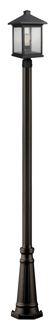 Portland 1 Light 9.5" Outdoor Post Mount Fixture, 18.5" Tall Lantern in Oil Rubbed Bronze, 96" Cast Post, 10" Base