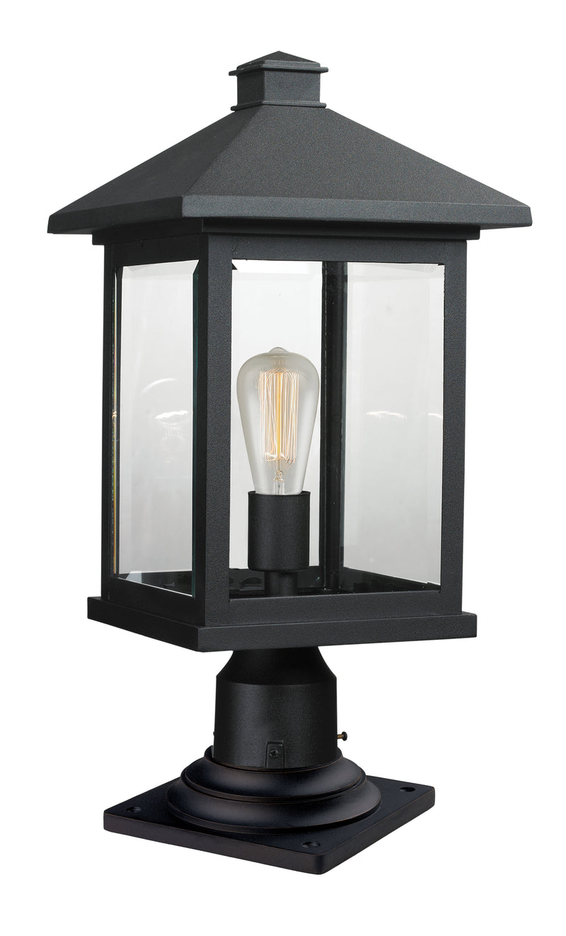 Portland 1 Light 9.5" Outdoor Post Mount Fixture, 18.5" Tall Lantern in Black, Pier Mount, 6" Base