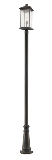 Portland 1 Light 9.5" Outdoor Post Mount Fixture, 24" Tall Lantern in Oil Rubbed Bronze, 96" Cast Post, 10" Base