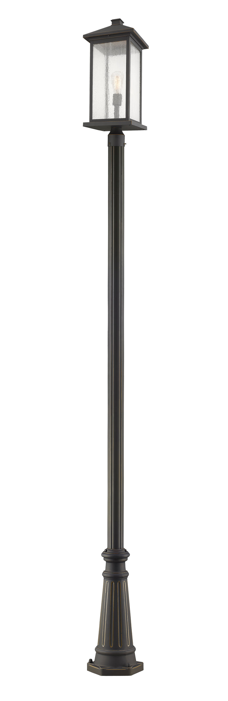 Portland 1 Light 9.5" Outdoor Post Mount Fixture, 24" Tall Lantern in Oil Rubbed Bronze, 96" Cast Post, 10" Base