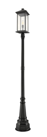Portland 1 Light 9.5" Outdoor Post Mount Fixture, 24" Tall Lantern in Black, 84" Post, 14" Base