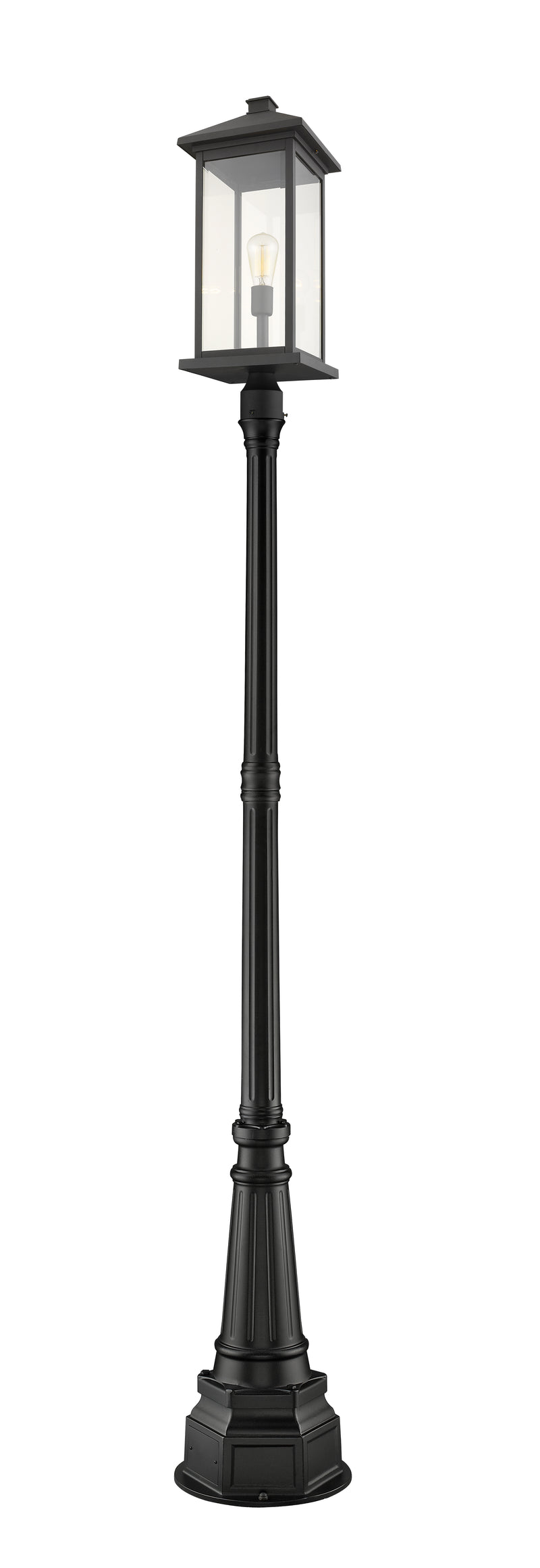 Portland 1 Light 9.5" Outdoor Post Mount Fixture, 24" Tall Lantern in Black, 84" Post, 14" Base