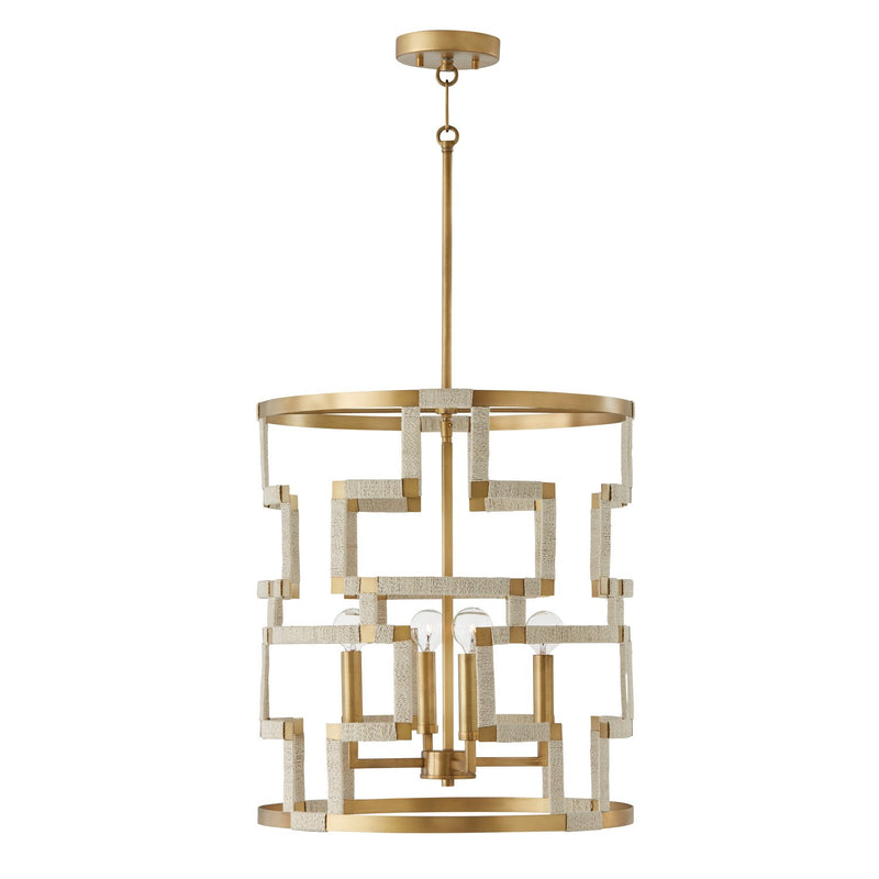 Hala Small 4-Light Pendant in Bleached Natural Jute and Patinaed Brass