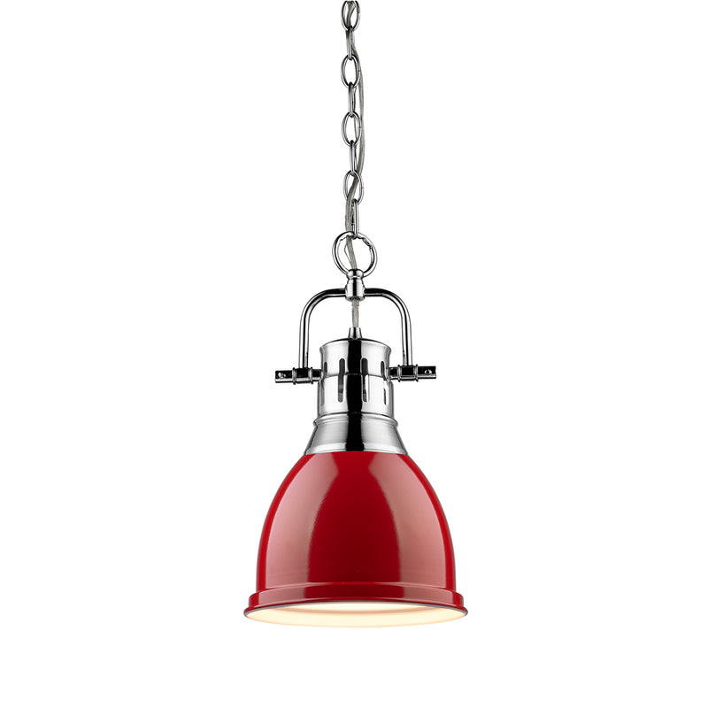 Duncan Small Pendant with Chain in Chrome with Red Shade