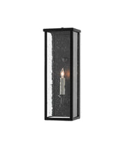 Tanzy Small Outdoor Wall Sconce in Midnight Black / Clear Seeded
