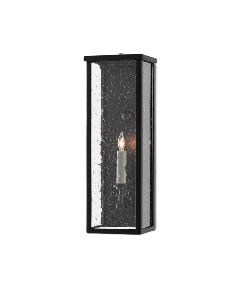 Tanzy Small Outdoor Wall Sconce in Midnight Black / Clear Seeded