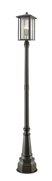 Aspen 3 Light 11" Outdoor Post Mount Fixture in Oil Rubbed Bronze, 84" Post, 14" Base