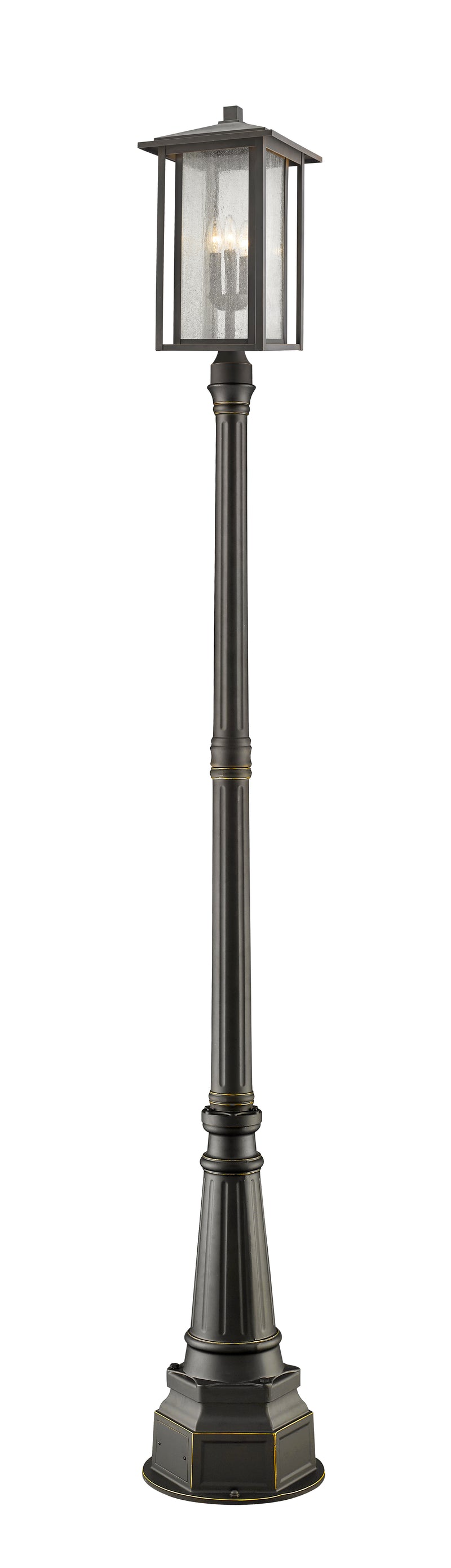 Aspen 3 Light 11" Outdoor Post Mount Fixture in Oil Rubbed Bronze, 84" Post, 14" Base