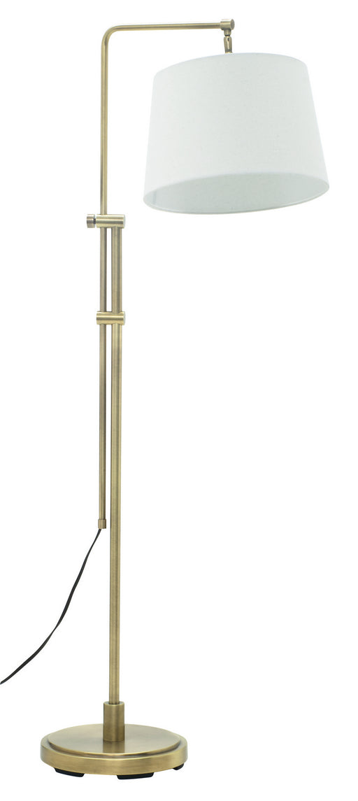 Crown Point Antique Brass Floor Bridge Lamp with Off-White Linen Hardback