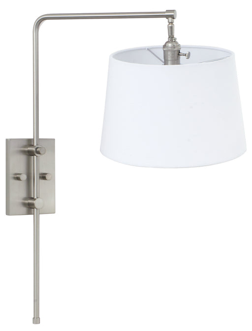 Crown Point Satin Nickel Wall Bridge Lamp with White Linen Hardback