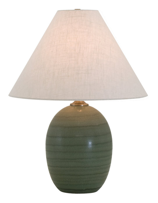 Scatchard 22.5 Inch Stoneware Table Lamp Green Matte with Cream Linen Hardback